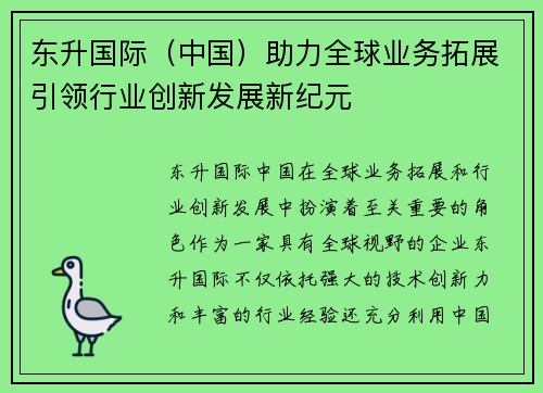 东升国际（中国）助力全球业务拓展引领行业创新发展新纪元